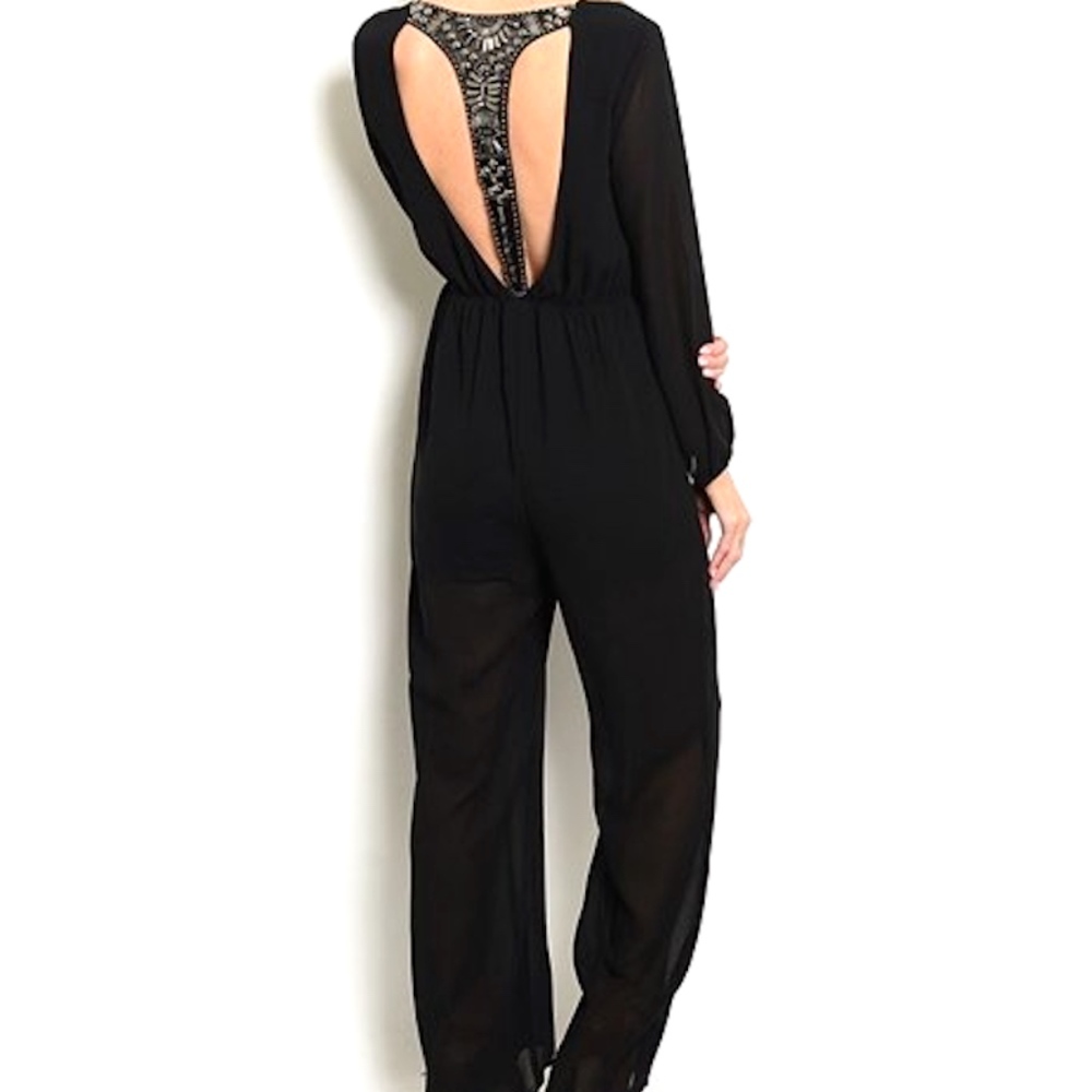 Long Sleeve Wide Leg Embellished T Back Jumpsuit